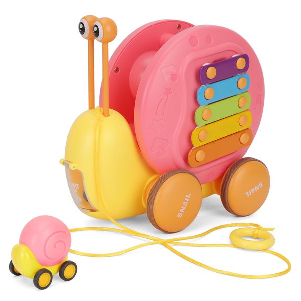 YUMOZER 4-in-1 Snail Toys, Children's Rally Car; Hand Percussion; Gear Turning; Catapulting Little Snail, Gift for Babies Over 6 Months (Pink)