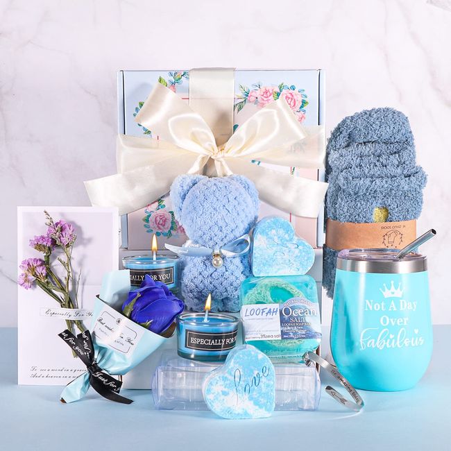 Birthday Gifts for Women, Relaxing Spa Gift Box Basket for Her, Pampering Gifts Thank You Gifts for Girls, Mom Wife Sister Best Friend Unique Happy Birthday Bath Set Gift Ideas(Blue)