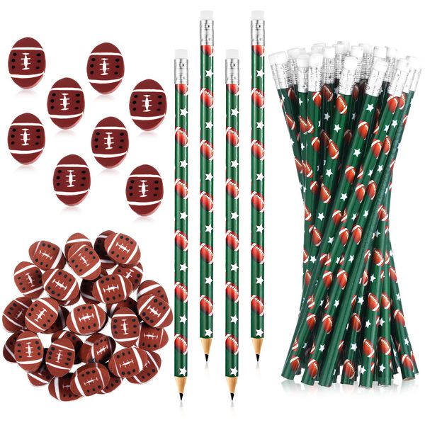 36 Pcs Sports Pencils and 36 Pcs Sports Ball Erasers Fun Wooden Pencils with Sports Eraser for Kids Sports Themed Birthday Party Favors School Office Supplies (Football)