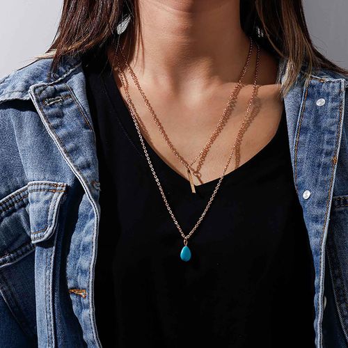TseanYi Boho Teardrop Turquoise Neckalce Layered Turquoise Pendant Neckalce Gold Bar Pendant Necklace Vintage Layering Turquoise Water drop Necklace Jewelry for Women