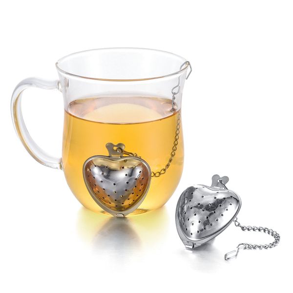 2pcs Heart Shape Tea Infuser Stainless Steel Tea Strainer Fine Mesh Tea Ball Filter with Chain and Drip Trays for Loose Tea Herbal Spices Seasonings