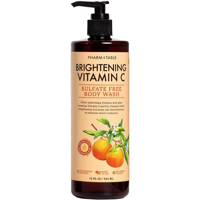 PHARM TO TABLE Brightening Vitamin C Body Wash for Women and Men - Brightens and Nourishes the Skin, Sulfate Free, 100% Cruelty Free, 480ml