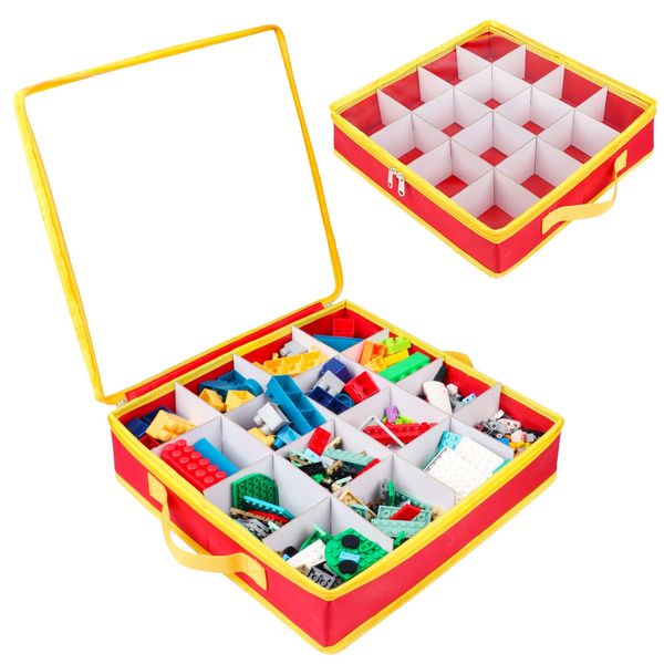 SIYNPAV 16 Slot Toy Storage Organizer Case for Lego Bricks, Portable Carrying Container Storage Box with 6 DIY Divider for Lego Collection, Board Games, Building Blocks& Puzzles (Case Only, Red)