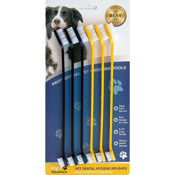 Pet Republique Dog Toothbrush Set of 6 – Dual Headed Dental Yellow, Black