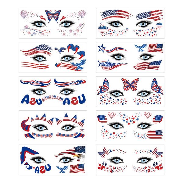 Fourth of July Face Temporary Tattoo,10 Sheets USA Patriotic Tattoos Stickers Red White and Blue Flag Eye Makeup Waterproof Independence Day Temporary for USA Party Favors Decoretions Accessories