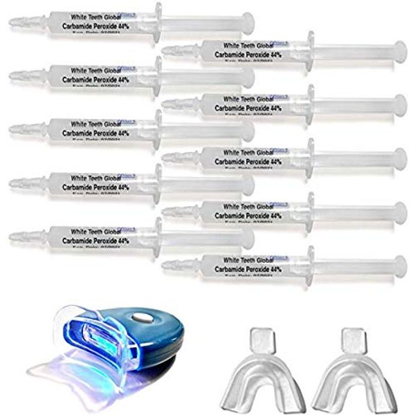 Very Strong 44% Carbamide Peroxide 10 Syringes of Teeth Whitening Gel - 1 LED Accelerator Light - 2 Trays - Shade Guide -Instructions Sheet - May cause sensitivity and gum irritation