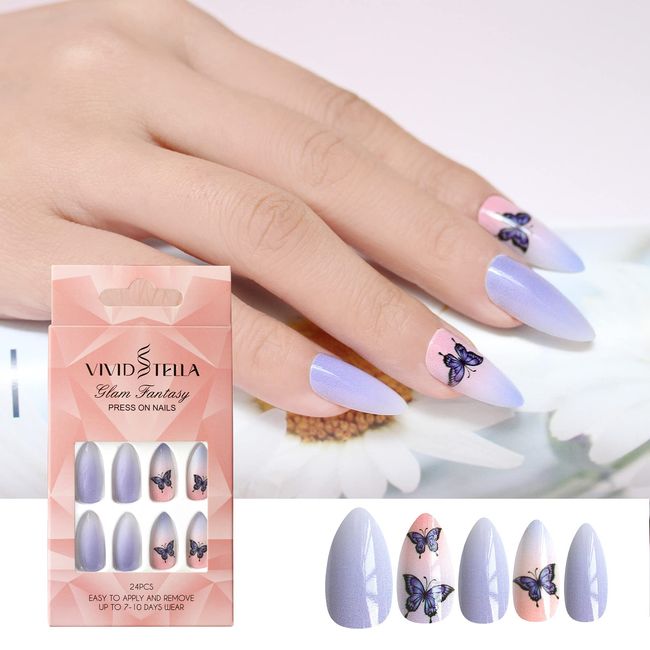 Butterfly Almond False Nails Stiletto Press on Nails Long Oval Round Pointed Fake Nails Acrylic Nail Tips Design Nail Art Women Girls