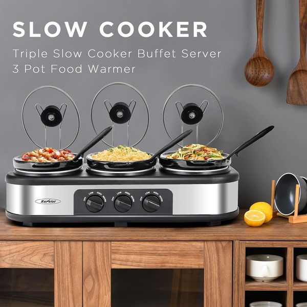 Triple Slow Cooker Buffet Server 1.5-Quart Upgraded Oval Ceramic Pot Lid Rests