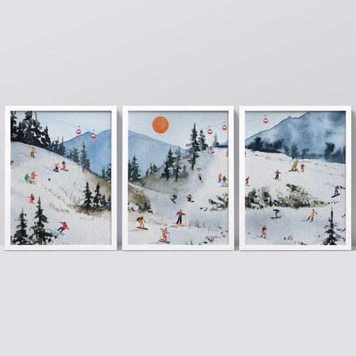 SIGNWIN Framed Winter Sports Enthusiast Vibrant Skiing and Snowboarding Scene Relax/Zen Wall Art Decor Wall Art for Living Room, Bedroom, Office - 12"x16"x 3 White