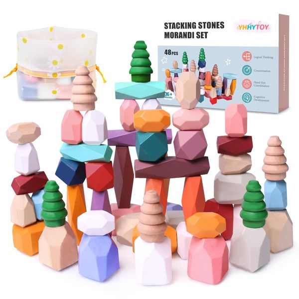 48 PCS Wooden Stacking Rocks Building Blocks, Sensory Toddler Learning Montessori Toys for 3 Year Old, Preschool Classroom Must Haves, Educational STEM Toys 3 4 5 6 Year Old Baby Girls Boys Gifts