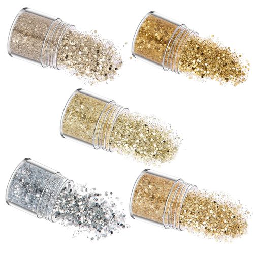 YFFSFDC Glitter Hologram Set of 5 Colors, Sparkling, Nail Parts, Nail Art, Container Included, Glitter, Glitter Powder, Nail Powder, Face Decoration, Hair Decoration, New Year, Christmas, Makeup Supplies, Gold