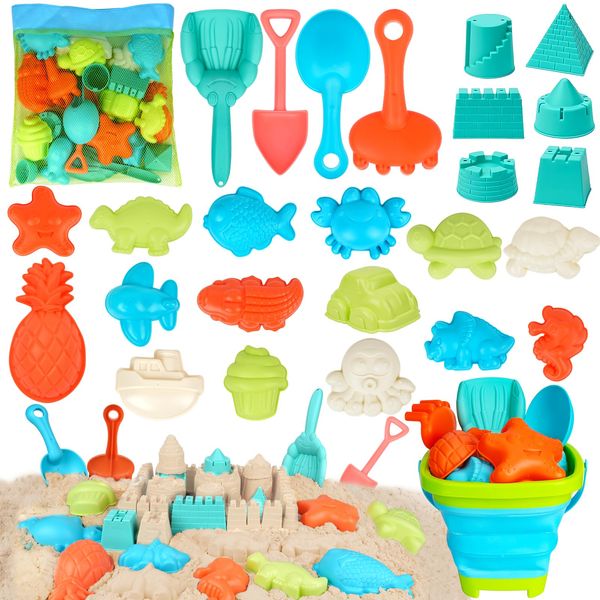 Beach Toys for Kids, 27PCS Sand Toys Set Kids, Sandbox Toys Includes Collapsible Sand Bucket and Shovels Set with Mesh Bag & Sand Molds,Travel Sand Castle Toys for Beach, Beach Toys for Kids Ages 3-10