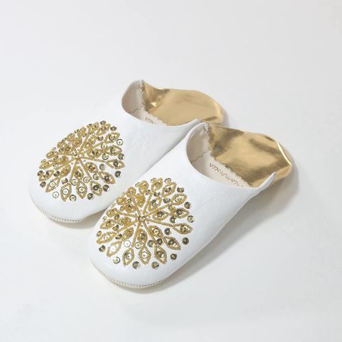 cocomorocco Odorless Leather Babouche Slippers Moroccan (Gold Sequins) Room Shoes Coco Moroccan Mother's Day Gift, white & gold