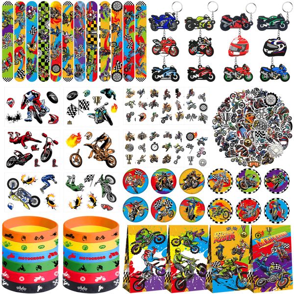 Dirt Bike Party Favor Supplies, Including Gift Bag Tattoo Stickers Badge Slap Bracelets Silicone Wristbands DIY Stickers Keychain, for Motorcycle Theme Party Club Gift Boy Birthday Party Fillers