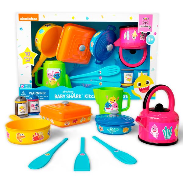 Lollipop Baby Shark Cooking Adventure Set: Play Kitchen with Pots, Pans, Utensils, Measuring Cup, Tea Kettle, Salt, and Pepper Shaker - Great Kids Kitchen Playset