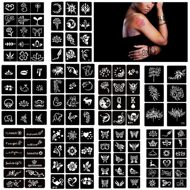 Blatt Tattoo Schablonen, 10 Tattoo Schablone Temporäre Tattoo Kit für Frauen Mädchen, Wiederverwendbare Tattoo Schablonen Gesicht Körper Kunst Malerei