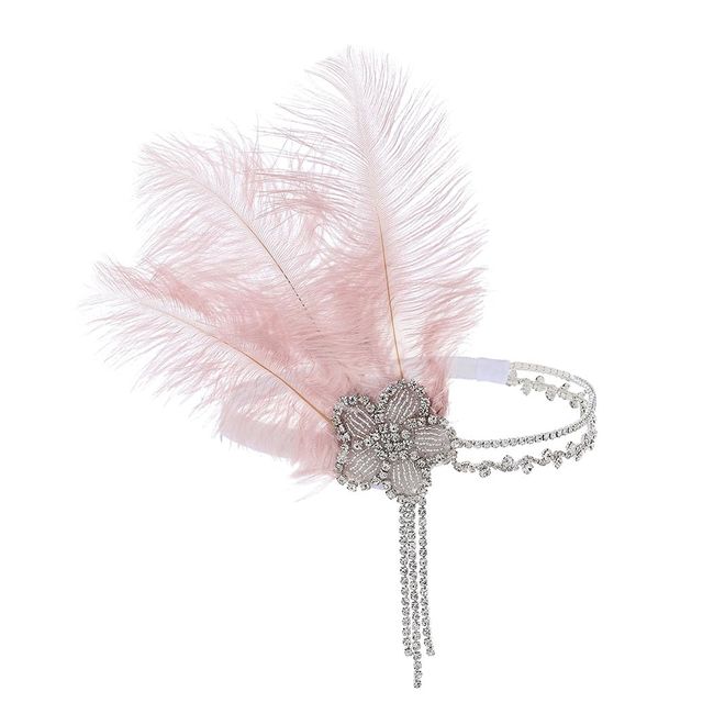 IYOU 1920s Feather Headband Pink Rhinestone Flapper Headpiece Crystal Tassel Costume Wedding Great Gatsby Hair Accessories for Women