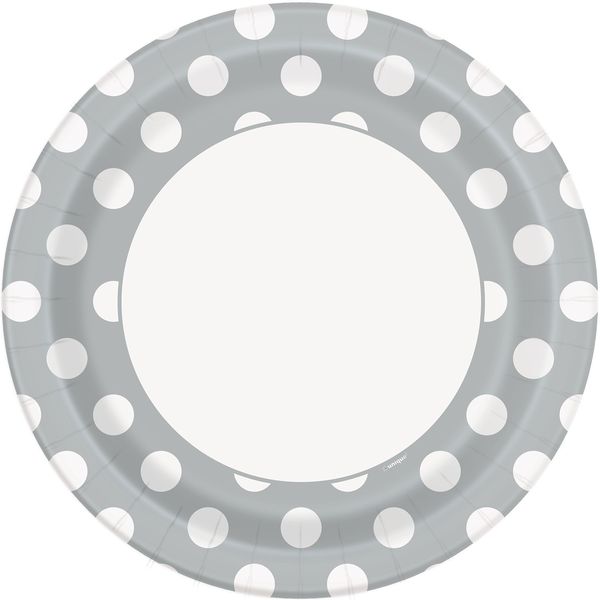 Unique Party 37285 - 23cm Silver Polka Dot Party Plates, Pack of 8