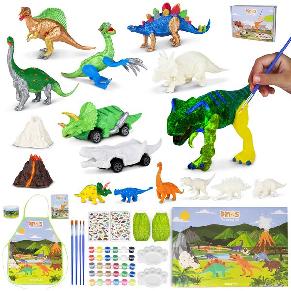 BONNYCO Dinosaur Toys for Kids Painting Kit 16 Figurines Kids Crafts Kits with Glow in The Dark, Toys & Gifts for Boys | Kids Toys 3 4 5 6 7 8 9 10 Years Old Gifts for Kids Birthday, Christmas