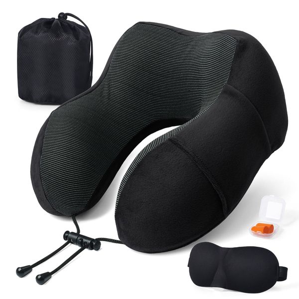 Reise Nackenkissen aus Memory Foam, mit 3D-Augenmaske&Ohrstöpsel, Reisekissen Weiches Baumwolle U-Förmiges Schlafen Nackenstützkissen Travel Pillow für Flugzeug Auto Zug Büro und Camping (Schwarz)