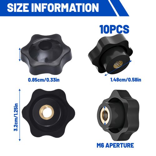 10 PCS 6 Star Knobs M6 Hexagon Threaded Through Hole Knobs 32mm Clamping Handle Tightening Screw Knob Thru Hole Star Knobs Nuts for Fixtures Workbenches Umbrella Base(M6, 10 Pack)