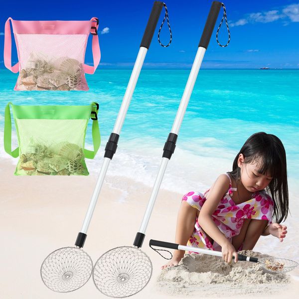 Roshtia 2 Pack Beach Sand Sifter Sand Scoop with 2 Shell Bags Long Adjustable Handle Mesh Sand Digger, Rock Scooper for Rock Shells Shark Tooth Beach Shelling Tools Sand Toys (Gray)