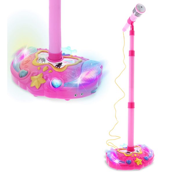 Mozlly Super Star Kids Karaoke Machine with Microphone Stand Playset - Pink Microphone with Stand with Built-in Jack and Speaker for MP3 Player, Singing Toys for Girls and Boys with Music and Light