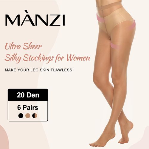 MANZI 6 Pairs Women's 20D Sheer Silky Pantyhose Run Resistant Nylon Tights High Waist Stockings with Control Top (6 Natural,XL)