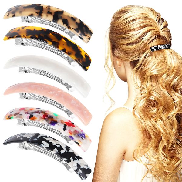 Beaupretty Hair Barrettes for Women, 6 Pack Tortoise Shell Hair Barrettes Acetate Hair Barrettes Banana Hair Clips Celluloid French Design Barrettes for Women Thick Thin Hair