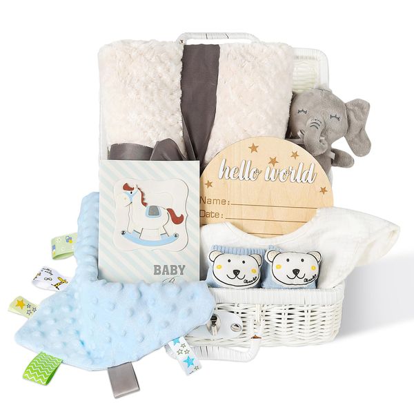 Baby Gift Set, Baby Shower Gifts for Boys, 8PCS Unique Shower Basket Essential Stuff with Blanket Baby Socks & Elephant Rattle Toy Milestones Set, Baby Gifts for Boys