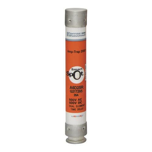 Mersen Electrical Power A6D25R - SMARTSPOT INDICATOR AMP-TRAP 2000 A6D25R, 25A, 600V AC, Time Delay/Current Limiting, Ferrule Fuse