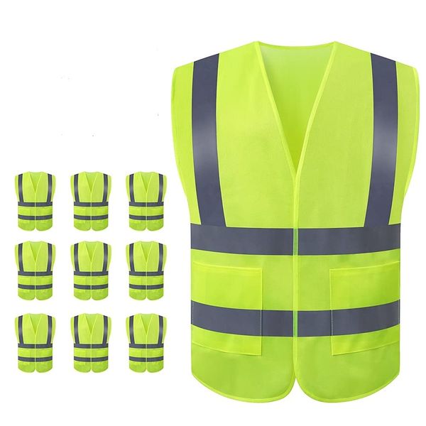 JSungo High Visibility Safety Vest 10 Pack, Yellow Reflective Vest with 2 Inch Hi vis Silver Strip, Construction Vest for Men & Women, Universal Size