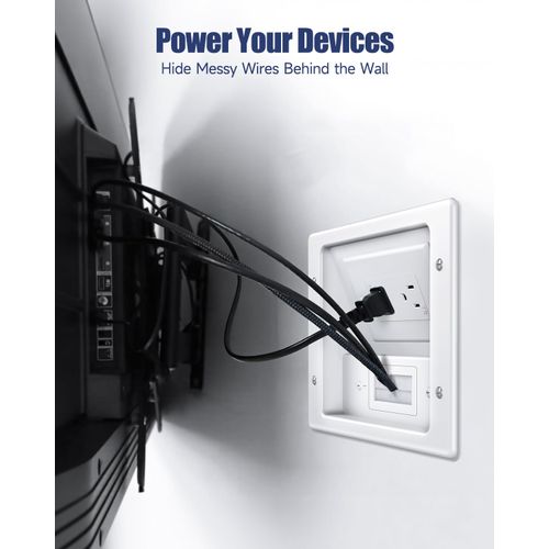 Wall Cable Concealer Kit, in Wall Cable Management Kit for TV, Recessed Outlet with Cable Management Box, in Wall Power Kit Hides TV Cords and Cables, Fits All Plugs, White
