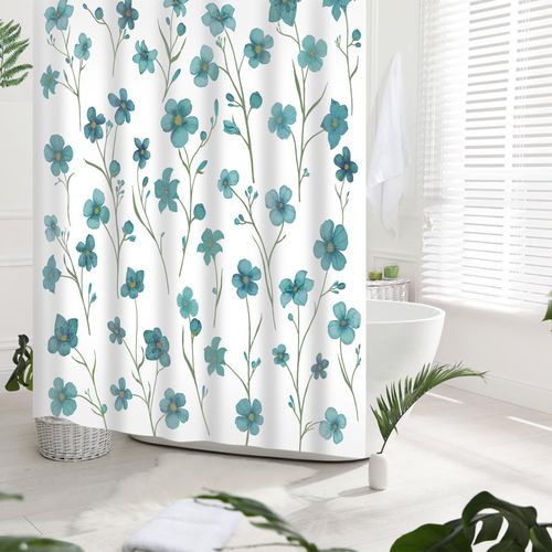 Floral Shower Curtain, Teal Spring Flower Watercolor Modern Printed Bathroom Curtains with 12 Hooks, 72 x 72 Inches