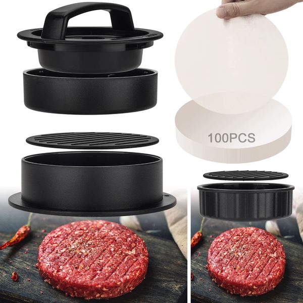 TOUWMX 3-in-1 Stuffed Burger Press, Hamburger Press, Hamburger Press Patty Maker for Stuffed Burgers, Beef Veggie Burger, Sliders, Burger Patty Mold with 100PCS Patty Wax Paper