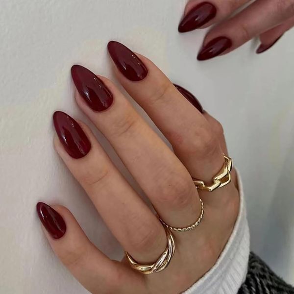 DMQ Almond False Nails Medium, 24Pcs Wine Red French Tip Press on Nails Glossy Pure Color Gel Fake Nails, Natural Burgundy Glue on Nails Full Cover Acrylic Oval Stick on Nails for Women DIY Nails