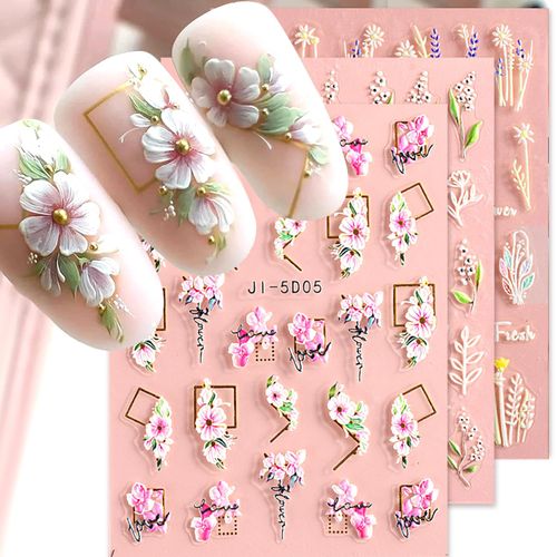 Zepitniy 5D Fiori Adesivi per Unghie 3 Foglie 3D Autoadesiva Nail Art Stickers per DIY Nail Art Decorazione