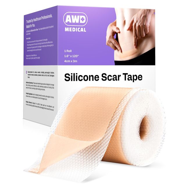 AWD Silicone Scar Tape for Surgical Scars - Medical Grade Silicone Scar Sheets for C Section, Tummy Tuck Tape, Keloid Treatment - Silicone Skin Patches After Surgery Must Haves (1.6" x 120" Roll)