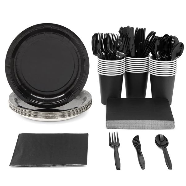 Juvale 144 Piece Black Party Supplies - Serves 24 Disposable Paper Plates, Napkins, Cups, and Cutlery for Birthday, Graduation Party Table Decorations