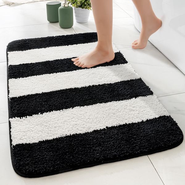 MIULEE Bath Mats Non-Slip Bathroom Mat Stripe Rug Soft and Absorbent Bathroom Mat Machine Washable Shower Mat Kitchen Entrance Suitable for Baths Showers and Toilets 40x60cm Black white