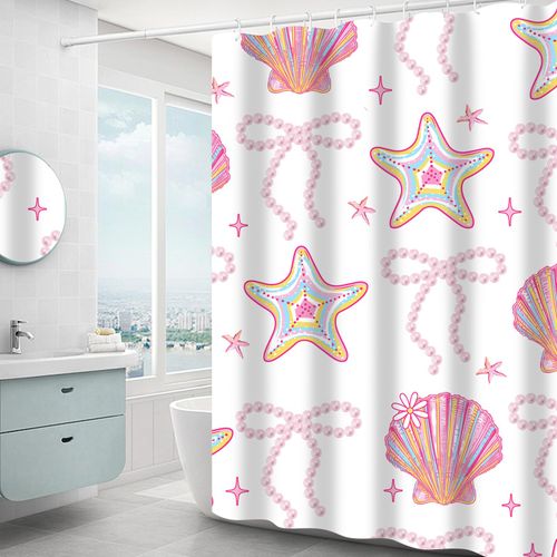 Teeglow Pink Cute Beach Shower Curtain, Pink Bow Ocean Beach Seashell Starfish Themed Bathroom Waterproof Fabric Coastal Coquette Summer Girly Shower Curtain Set with Hooks 72x72 Inch