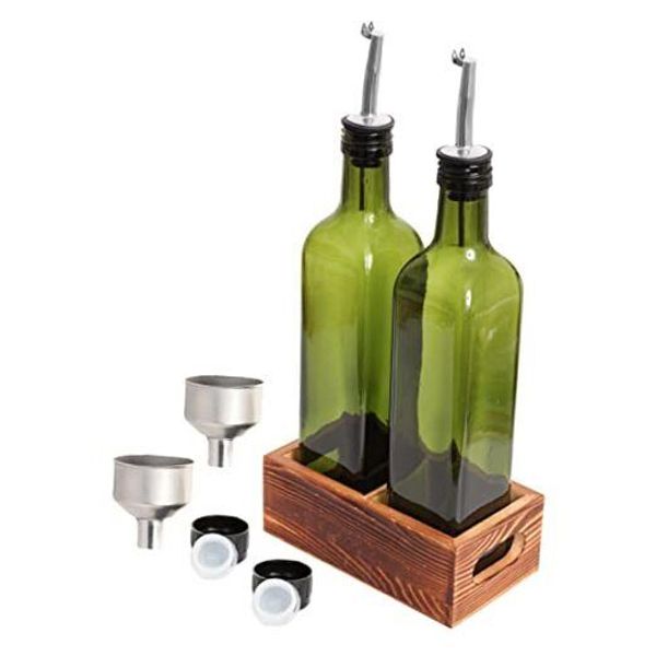 Oil and Vinegar Bottle Set of 2-17oz Glass Olive Oil Dispenser with Wood Green