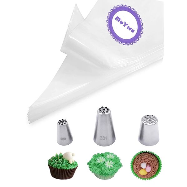 Grass Piping Nozzle and Bag,3 Grass Icing Tips with 20 Piping Bags Disposable Pastry Bags 12 Inch for Cake Cookie Decorating