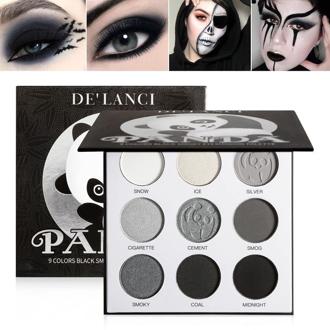 DE’LANCI PANDA Black Smokey Eyeshadow Palette Makeup,9 Colors Black Silver Gray White Eyeshadow Makeup Palette,Highly Pigmented Gothic Makeup Matte Glitter Eyeshadow Palette for Girls and Women