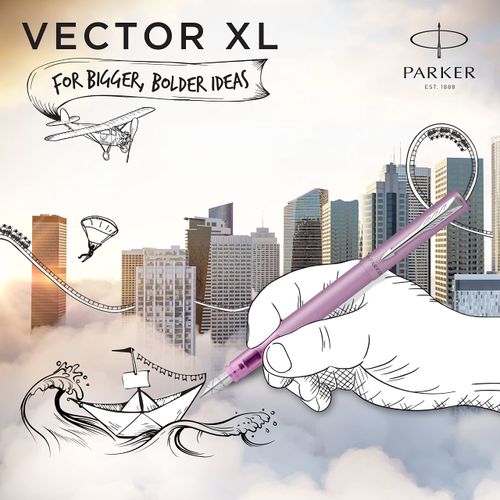 Parker Vector XL Fountain Pen | Metallic Lilac Lacquer on Brass | Medium Nib with Blue Ink Refill | Gift Box