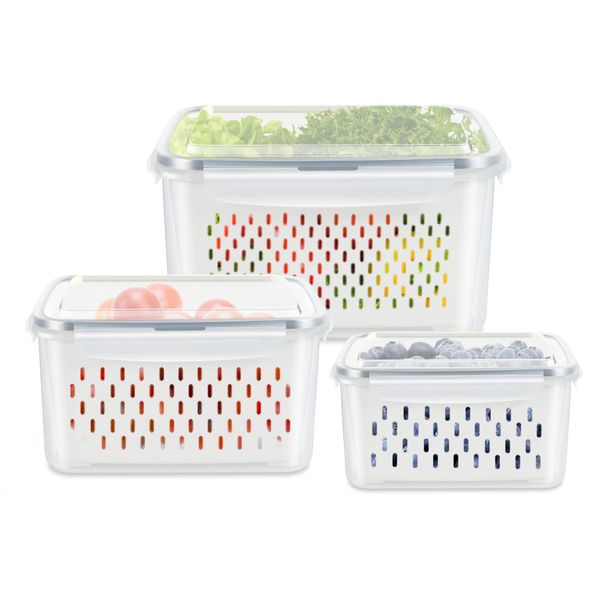 3 Pack Fruit Storage Containers for Fridge, Produce Saver Vegetable Container with Drain Colanders - Refrigerator Organizer for Lettuce Berry Keepers