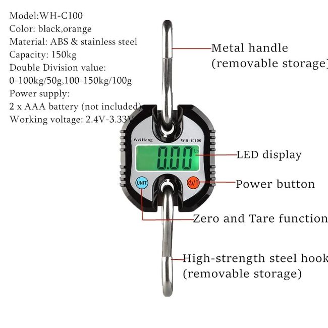 300kg Digital Hanging Scale Portable Heavy Duty Crane Scale Stainless Steel  Hook Scale LCD Loop Weight Balance Luggage Scale