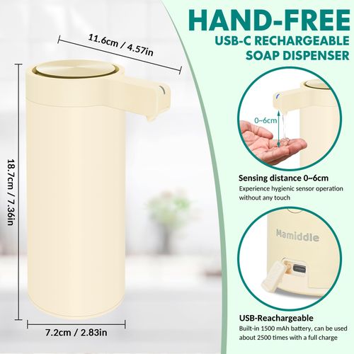 Mamiddle Automatic Soap Dispenser Stainless Steel with Sensor Infrared Soap Dispenser Electric IPX5 Waterproof USB-C Charging Motion Sensor for Kitchen & Bathroom (Ivory)