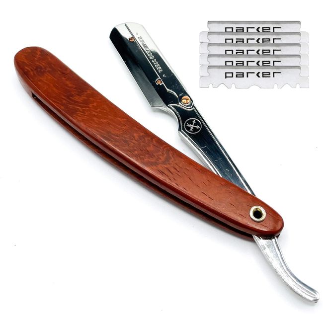 Parker SRRW, Rosewood Wood Handle Straight Edge Barber Razor with Stainless Steel Blade Arm for Professionals, 5 Blades Included