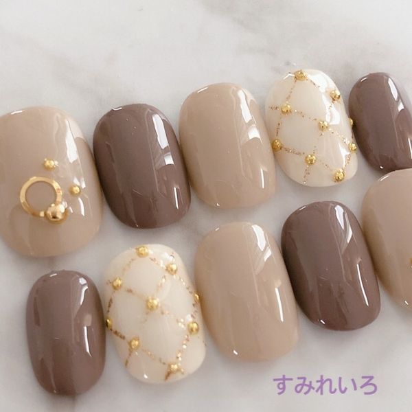 Nail Tip Design False Nails Cute Valentine&#39;s Day Short Long Simple Present Mother&#39;s Nails Winter Short Nails Small Nails Large Nails Berry Short Chibi Nails False Nails Gel Nails Chocolate Brown x Cafe Mocha Gold Net Check